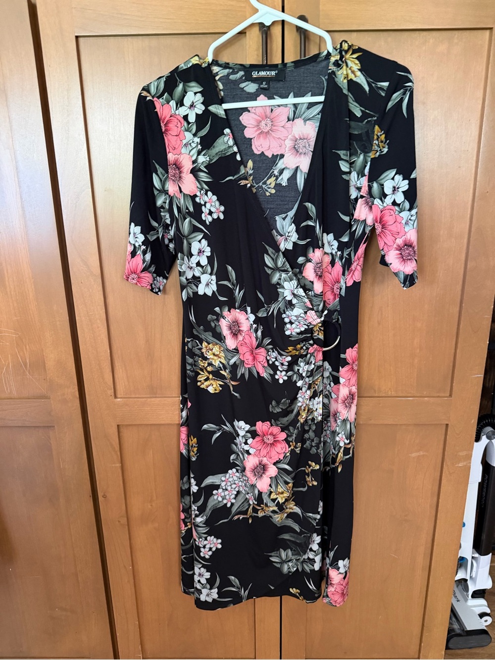 Glamour Black Floral Wrap Midi Dress with Pink & Cream Blooms